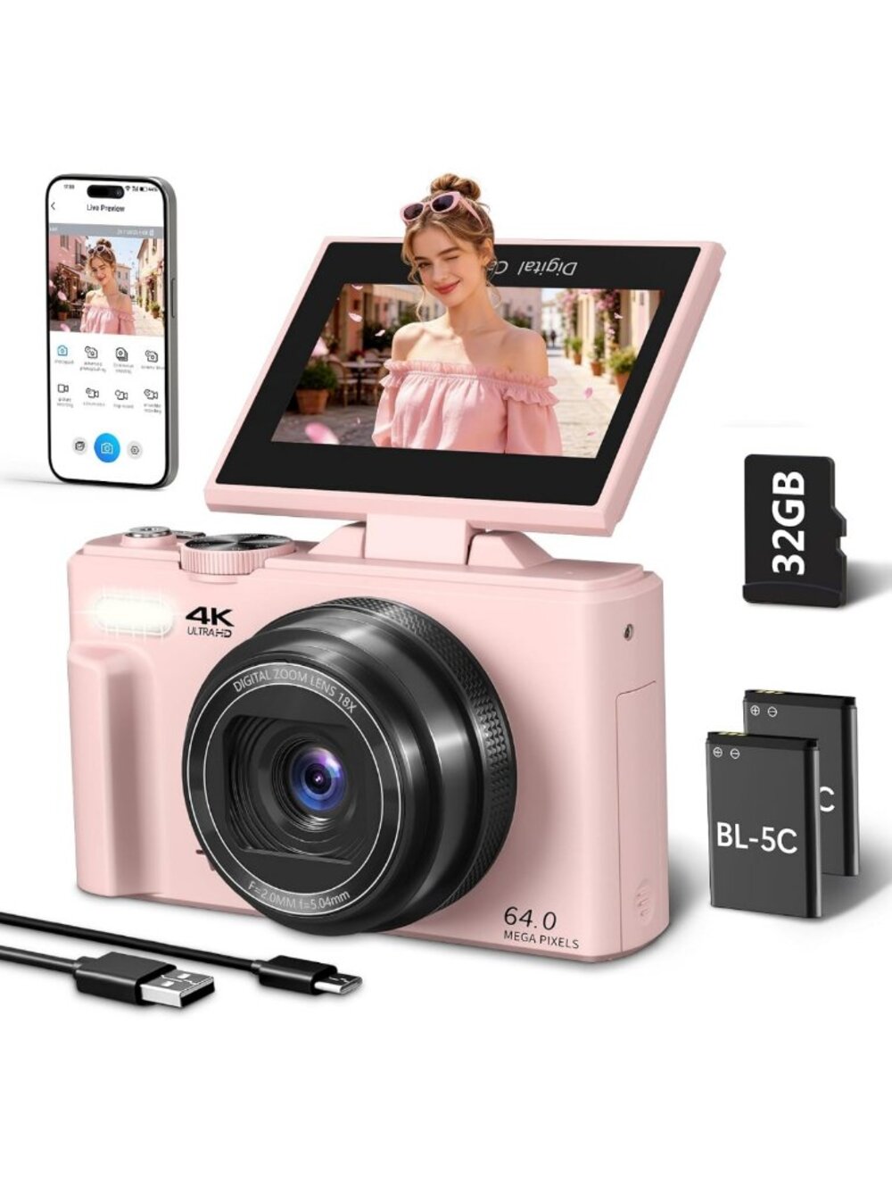 64MP 4K Digital Camera for Photography & Vlogging, Perfect for YouTube Content